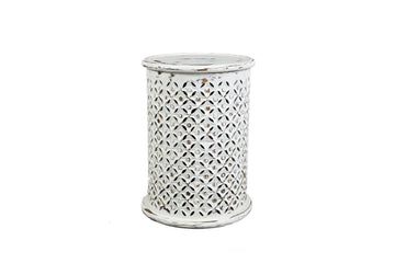 513642624:Carved Drum Accent Table in White, Image 1