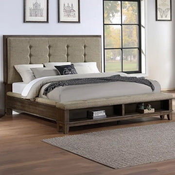 319307953:Cagney Upholstered Panel Bed w/ Storage, Dresser, Mirror & Nightstand in Gray, Queen, Image 1