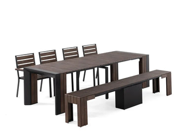 TRANSFP10:Transformer Outdoor Dining Table, 4 Chairs & Bench, Angled