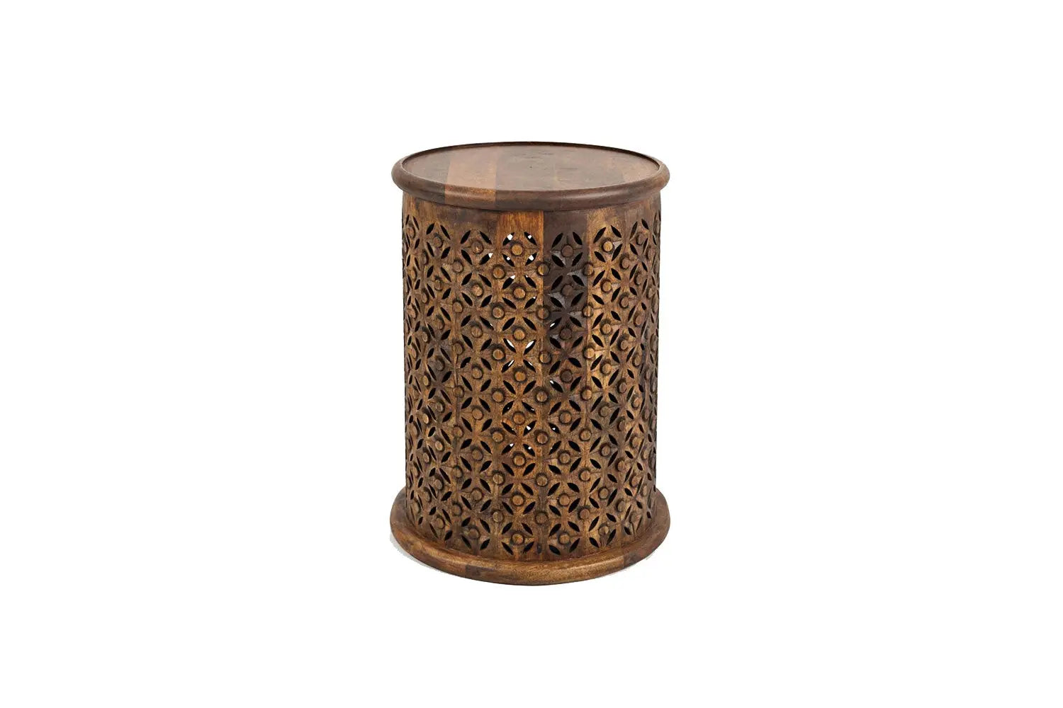 555353592:Carved Drum Accent Table in Mango, Image 1