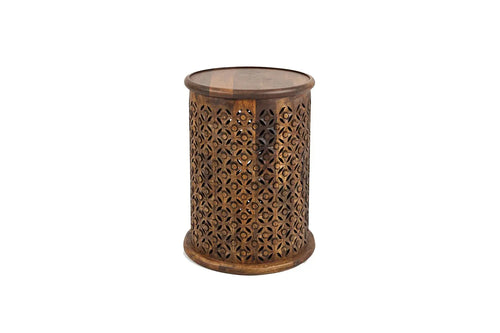 555353592:Carved Drum Accent Table in Mango, Image 1