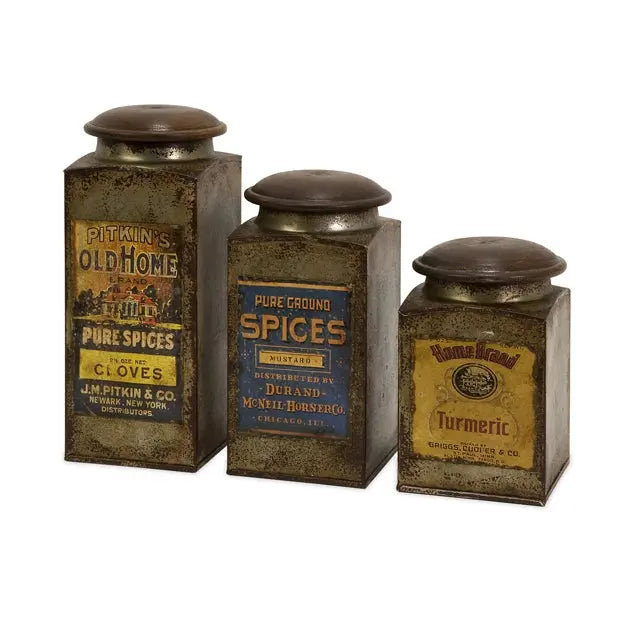 805890049:Addie Vintage Label Wood & Metal Canisters, Set of 3, Image 1