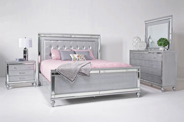 019917326:Valentino Panel Bed, Dresser, Mirror & Nightstand in Silver, Full, Image 1