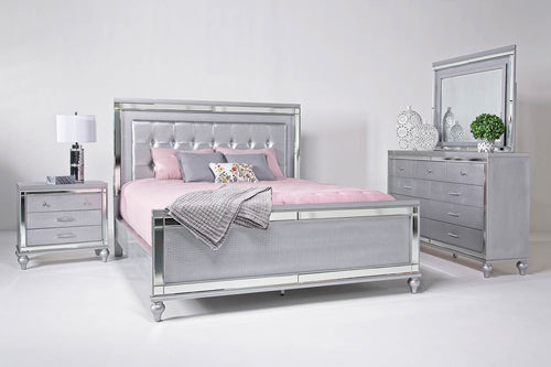 357225898:Valentino Panel Bed, Dresser, Mirror & Nightstand in Silver, California King, Image 1