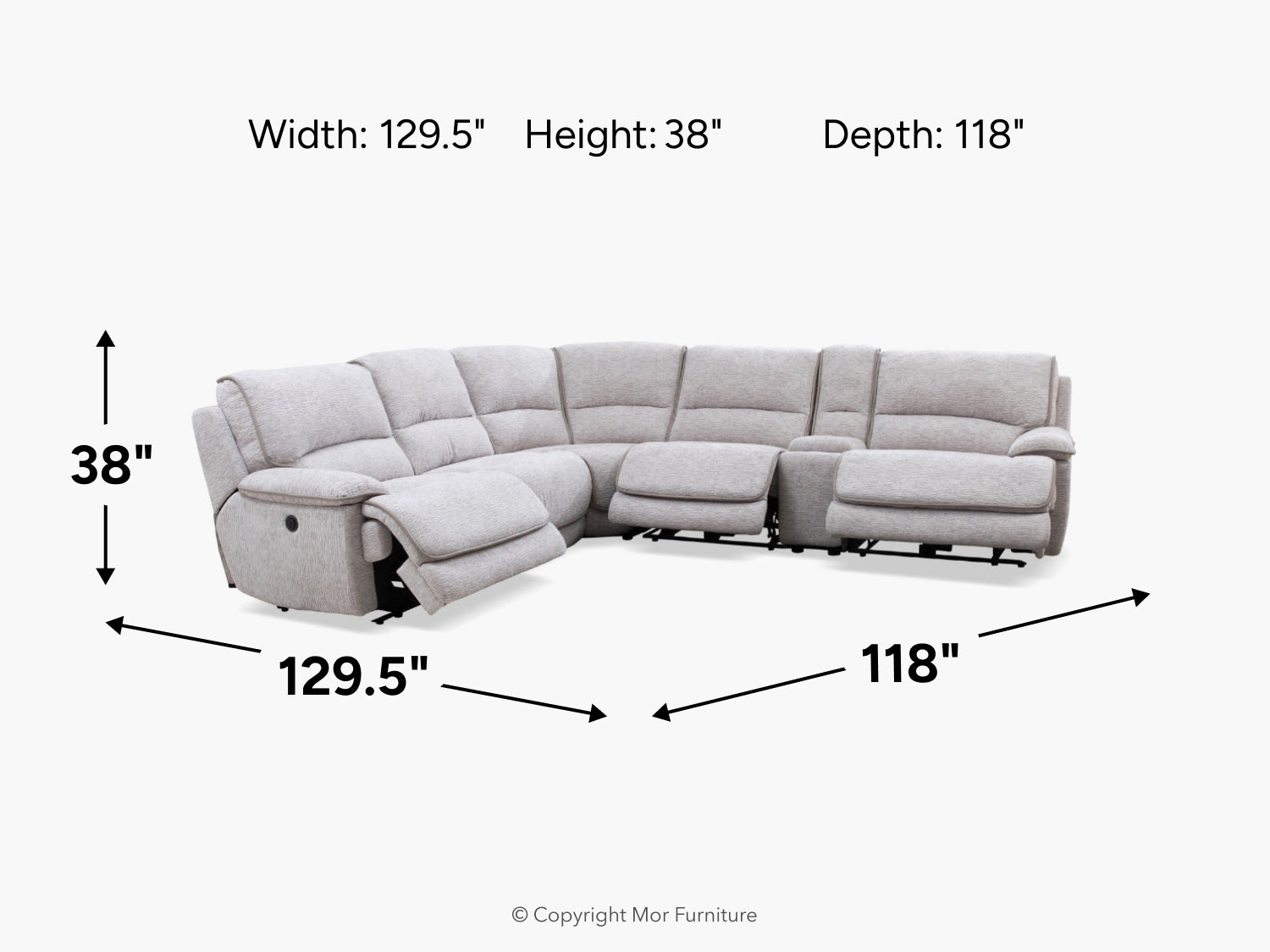 ABBIE0002:Abbie 6 Piece 2 Power Sectional With 2 Power Armless Recliner, 