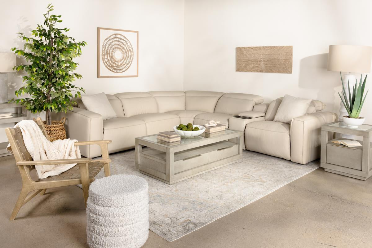 AMARA0053:Amara 6pc 2 Power Sectional with 2 Power Armless Recliner Bianca Mist Leather