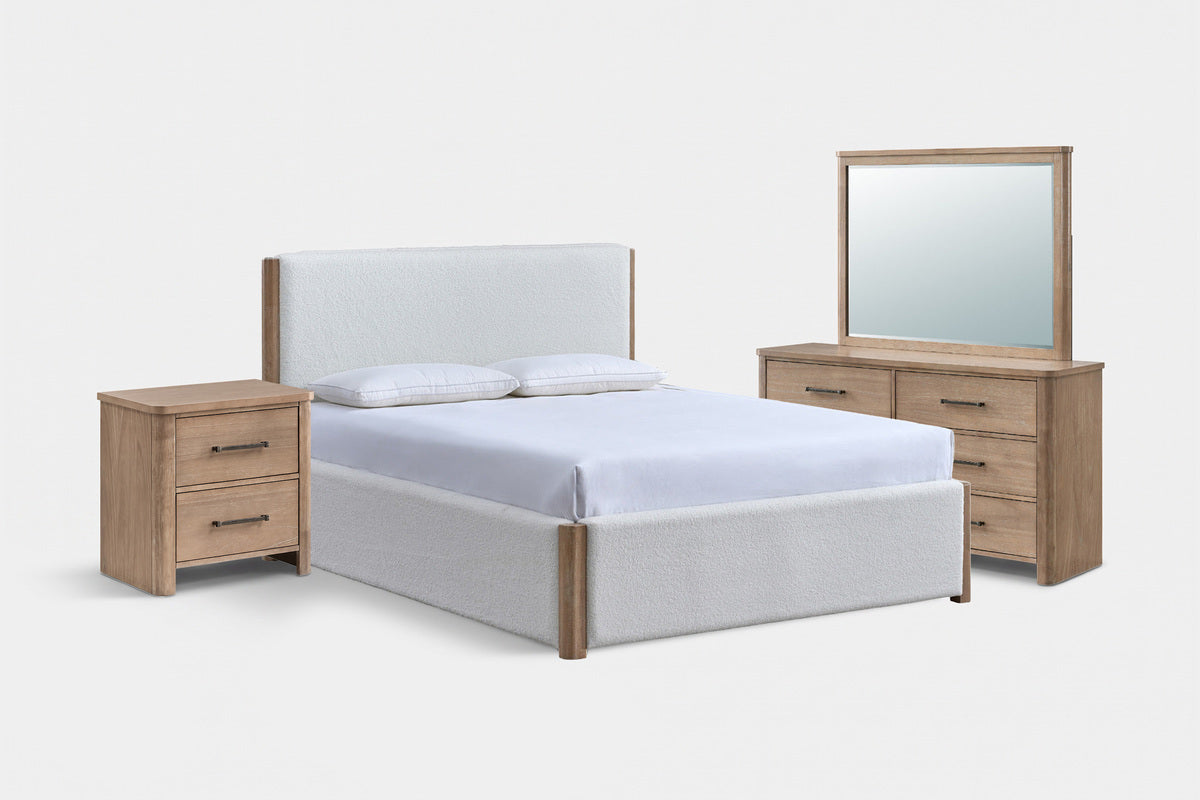 ANIKA0009:Anika Upholstered Bed & Dresser & Mirror & Nightstand,