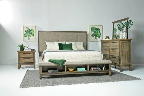 181082222:Cagney Upholstered Panel Bed w/ Storage, Dresser & Mirror in Gray, Queen, Image 1