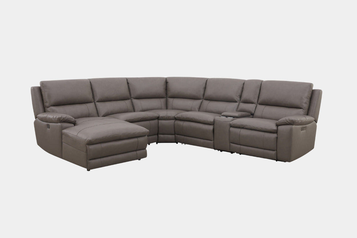 CALLUM012:Callum 6 Piece 2 Power Chaise Sectional with 2 Power Armless Recliner Drop Table in Ajax Gray, Left Facing Angled