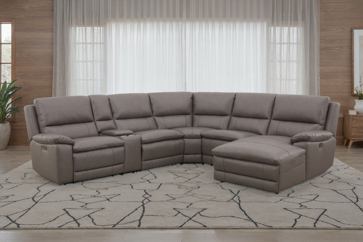 CALLUM013:Callum 6 Piece 2 Power Chaise Sectional with 2 Power Armless Recliner Drop Table in Ajax Gray Right Facing Styled
