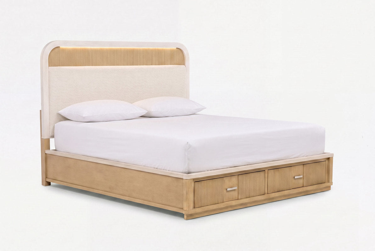 CAMBRIE24:Cambrie Upholstered Bed With Storage & Dresser & Mirror & Nightstand, Angled