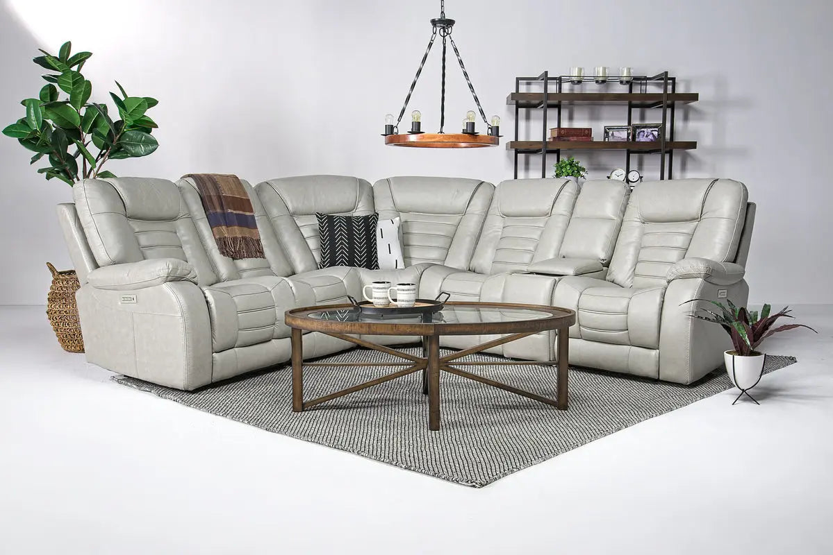 MALIBU013:Malibu 6 Piece 3 Power Sectional w/ USB Charger in Platinum Leather
