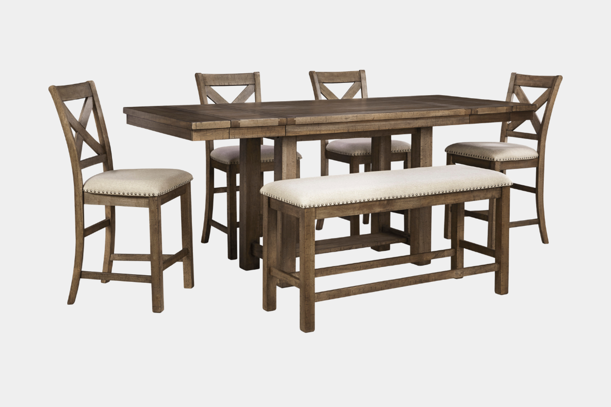 MORIVIL15:Moriville Counter Height Dining Table & 4 Stools & Bench, Angled