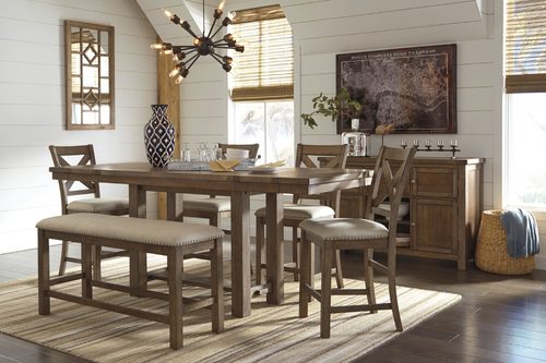 MORIVIL15:Moriville Counter Height Dining Table & 4 Stools & Bench, Styled