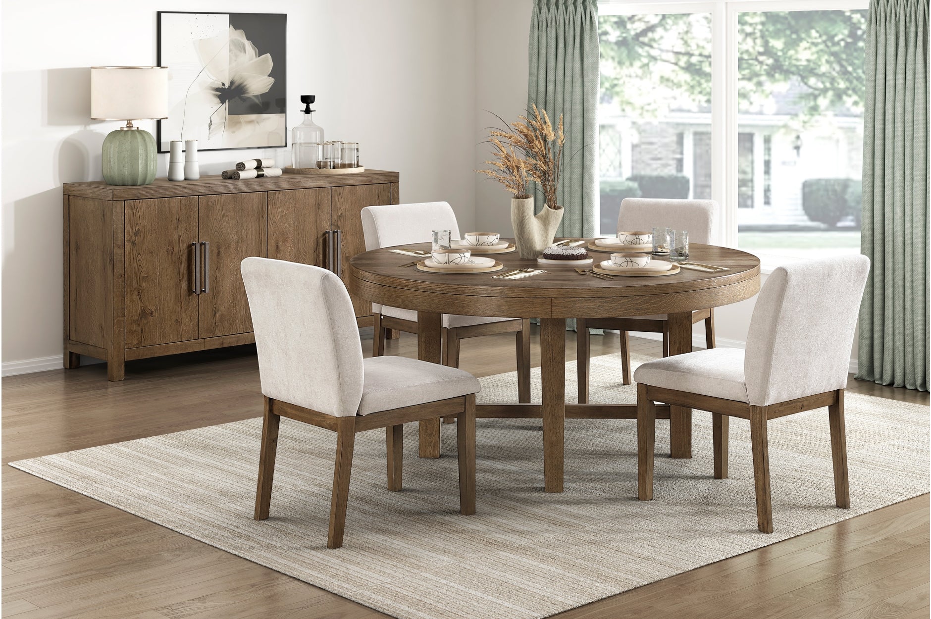 OAKLYND03:Oaklyn Round Dining Table & 4 , Styled