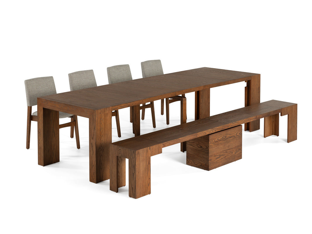 TRANSFM42:Transformer Dining Table & 4 Stackable Chairs & Bench, Angled