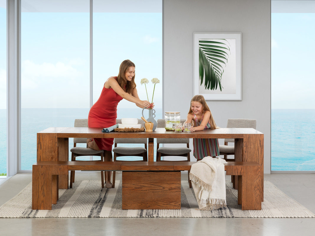 TRANSFM42:Transformer Dining Table & 4 Stackable Chairs & Bench, Styled