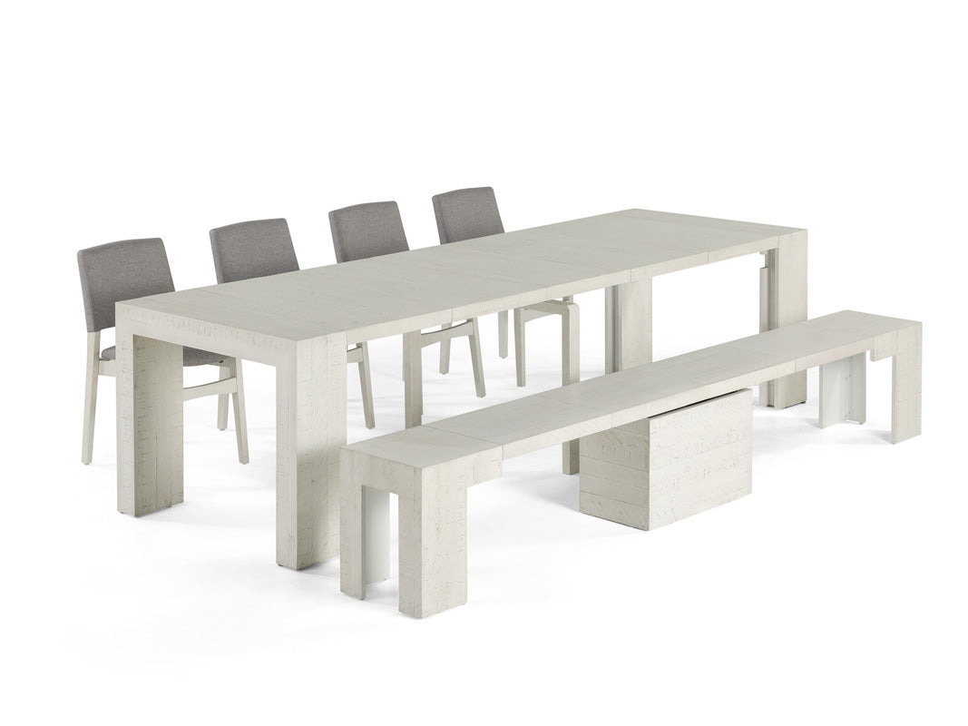 TRANSFM32:Transformer Dining Table & 4 Stackable Chairs & Bench, Styled