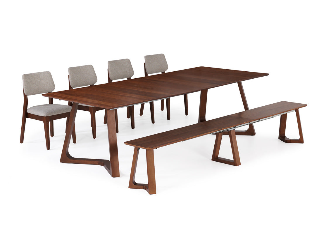 NOVADINE8:Transformer Nova Dining Table & 4 Stackable Chairs & Bench, Angled