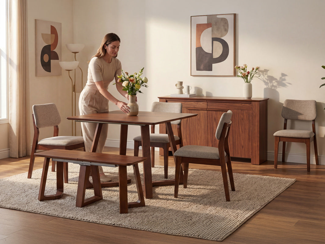 NOVADINE8:Transformer Nova Dining Table & 4 Stackable Chairs & Bench, Styled