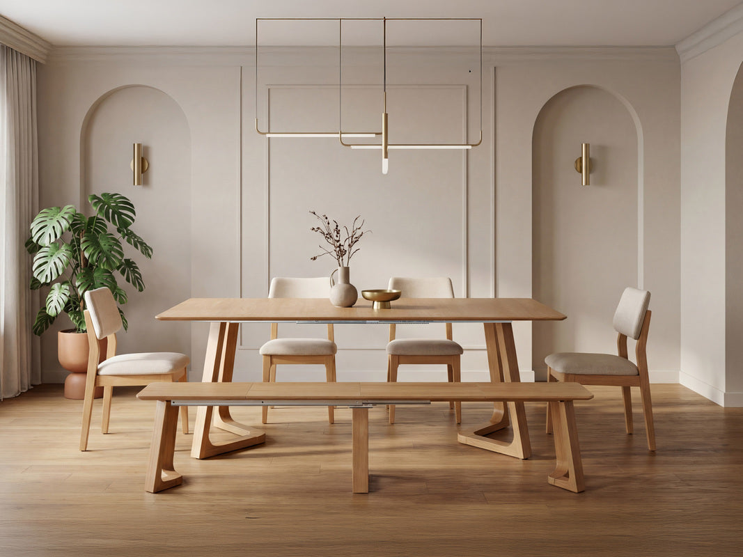 NOVADINE5:Transformer Nova Dining Table & 4 Stackable Chairs & Bench, Styled