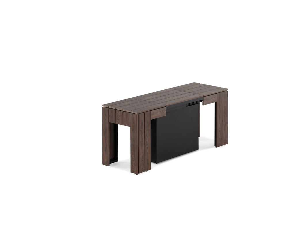 TRANSFP12:Transformer Outdoor Dining Table, 6 Chairs & Bench, Angled