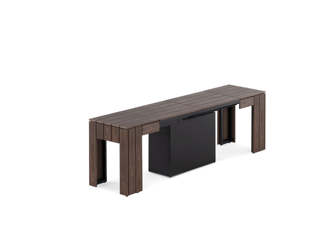 TRANSFP10:Transformer Outdoor Dining Table, 4 Chairs & Bench, Angled