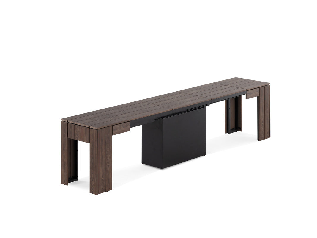 TRANSFP10:Transformer Outdoor Dining Table, 4 Chairs & Bench, Angled