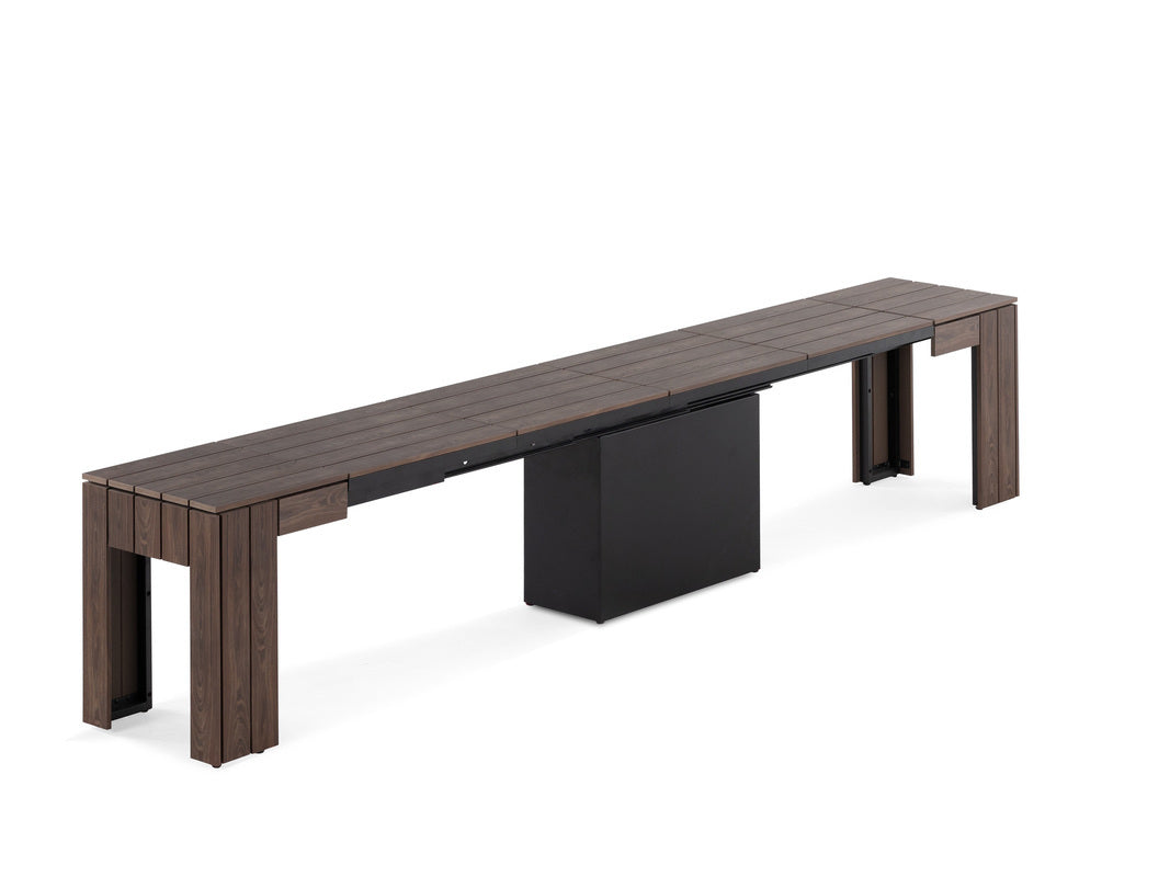 TRANSFP10:Transformer Outdoor Dining Table, 4 Chairs & Bench, Angled