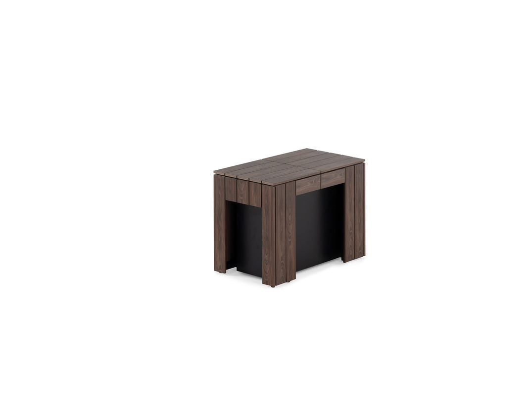 TRANSFP12:Transformer Outdoor Dining Table, 6 Chairs & Bench, Angled