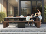 TRANSFP10:Transformer Outdoor Dining Table, 4 Chairs & Bench, Styled