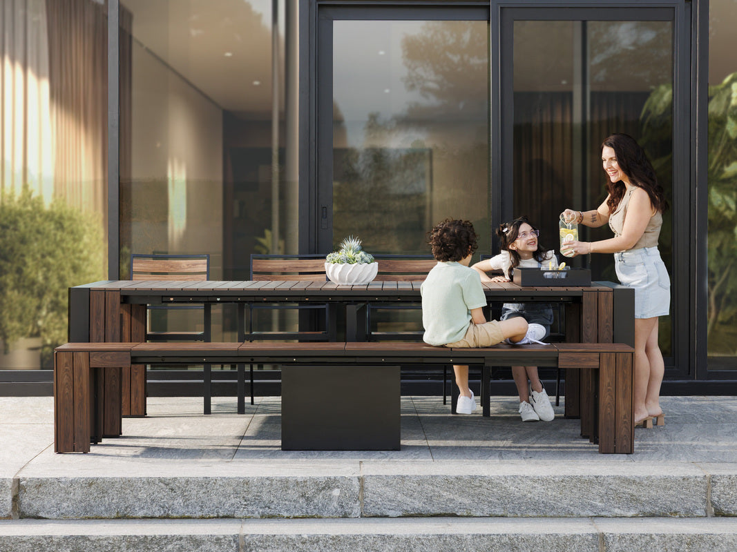 TRANSFP10:Transformer Outdoor Dining Table, 4 Chairs & Bench, Styled