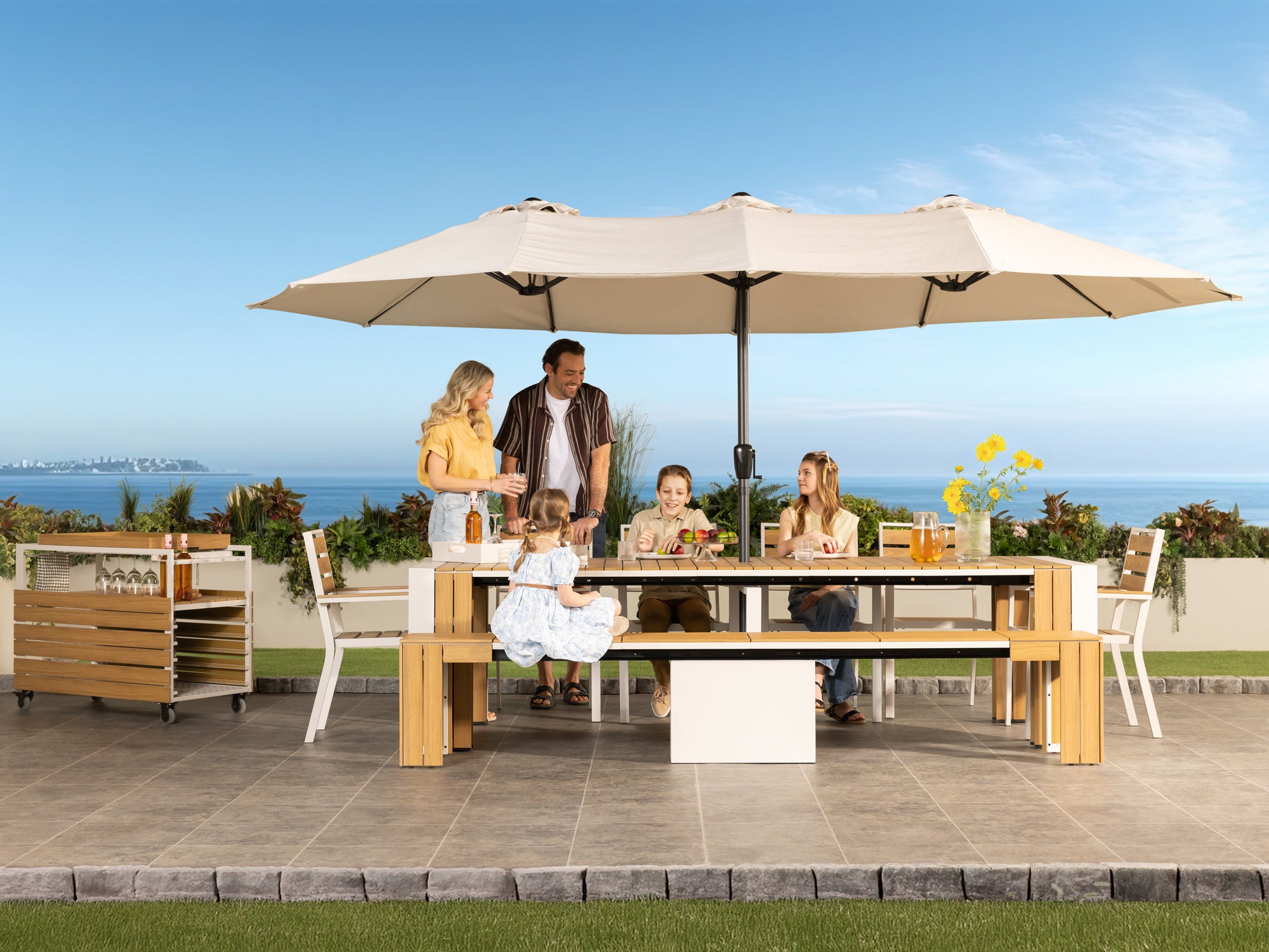TRANSFP32:Transformer Outdoor Dining Table, 6 Chairs & Bench, Styled
