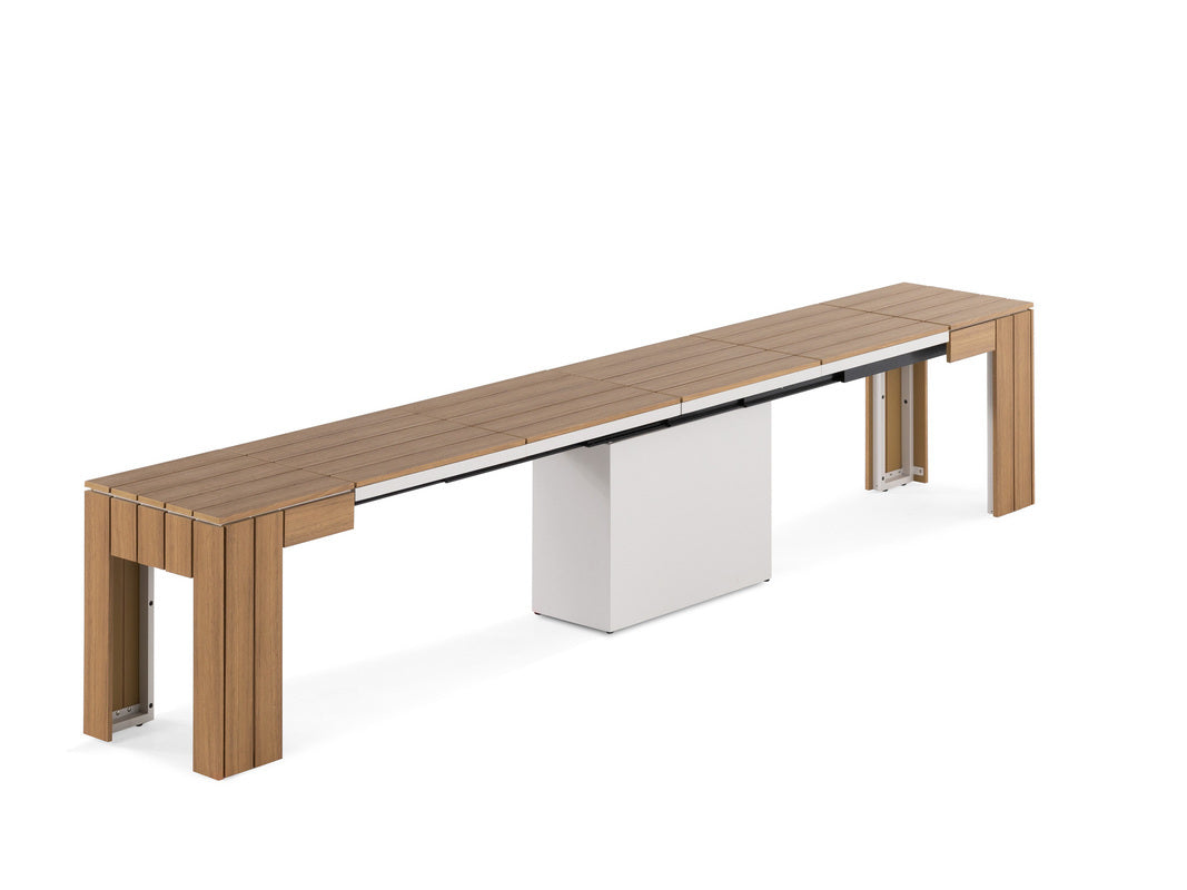 TRANSFP32:Transformer Outdoor Dining Table, 6 Chairs & Bench, Angled