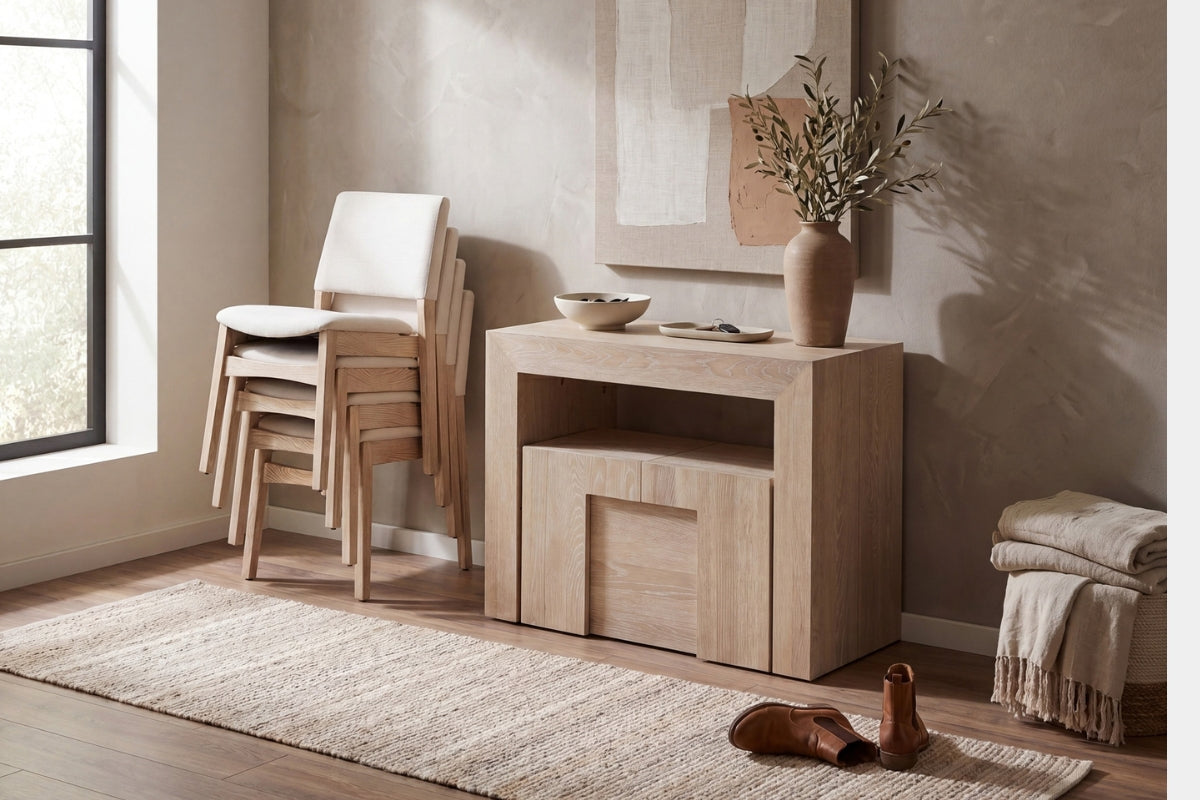 TRANSFM52:Transformer Dining Table & 4 Stackable Chairs & Bench, Styled