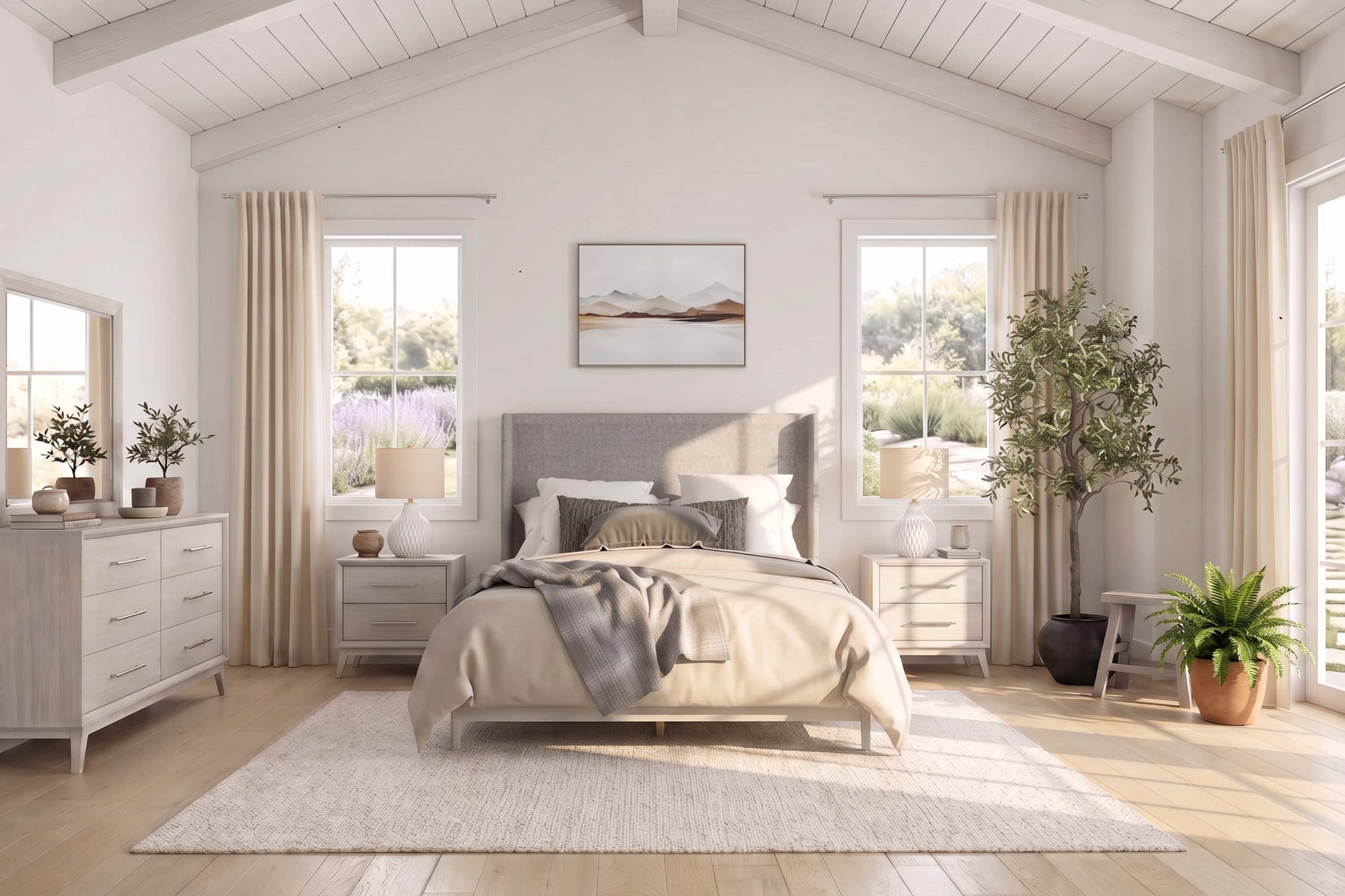 WESTLAN06:Westland Upholstered Panel Bed, Styled