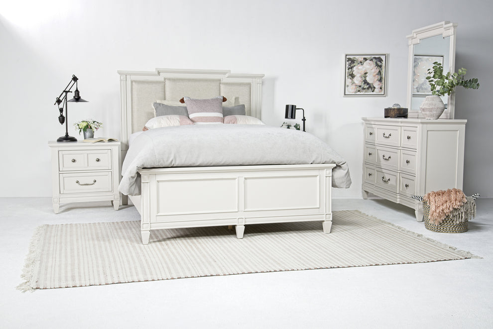 Willowbrook Upholstered Panel Bed & Dresser & Mirror & Nightstand – Mor ...