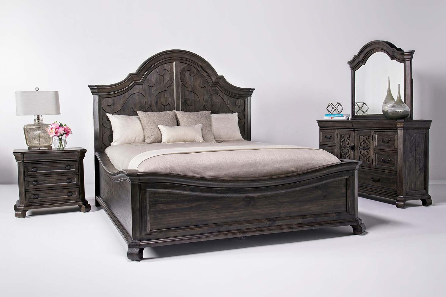 BELLPNLCK:Bellamy Arch Panel Bed, Dresser & Mirror in Charcoal, California King, Image 1