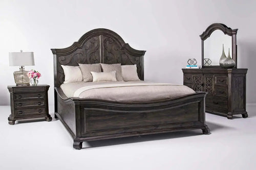 BELLPNLCK:Bellamy Arch Panel Bed, Dresser & Mirror in Charcoal, California King, Image 1