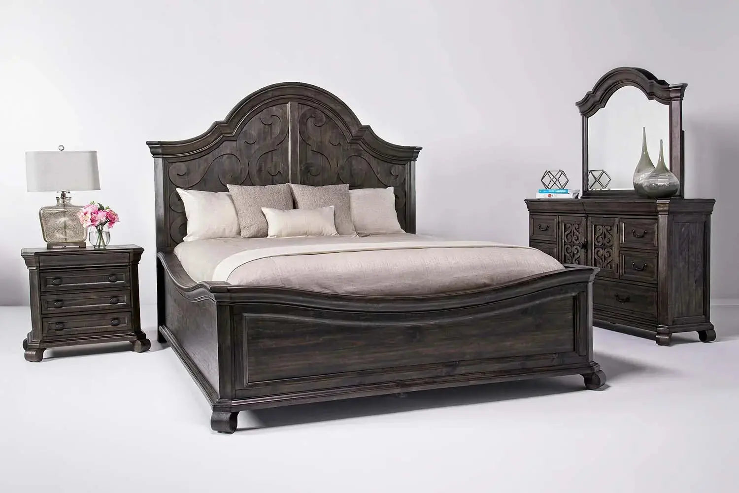 BELLPNLEK:Bellamy Arch Panel Bed, Dresser & Mirror in Charcoal, Eastern King, Image 1