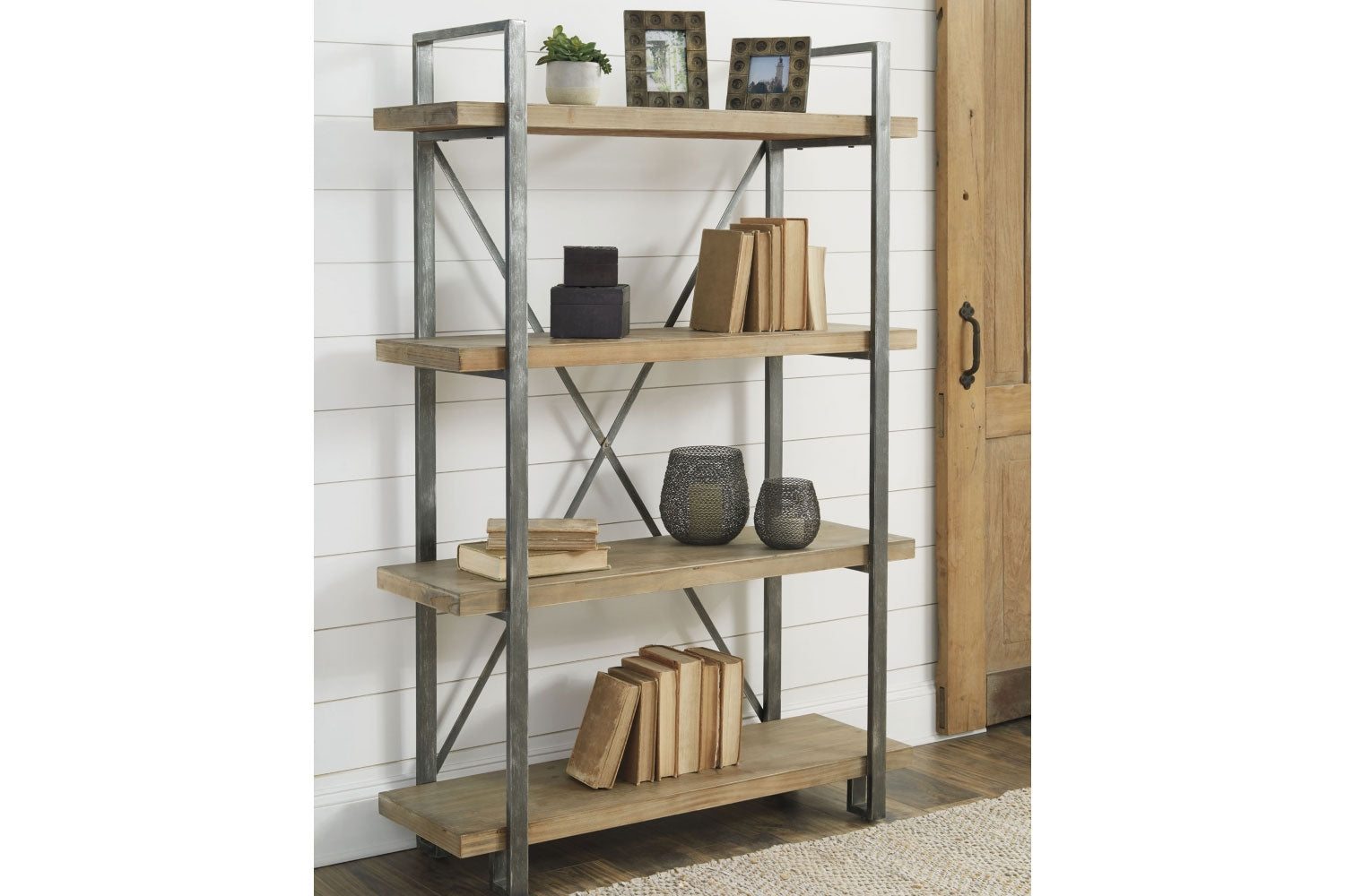 867065705:Forestmin Tall Bookcase in Natural Wood & Gray Metal, Image 2