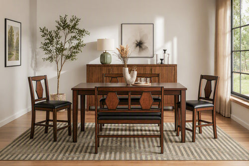 668415568:Napa Counter Height Extendable Dining Table 4 Stools Bench In Brown Styled