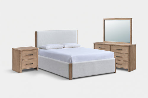 ANIKA0003:Anika Upholstered Bed & Dresser & Mirror & Nightstand, Angled