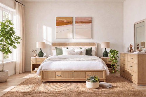 CAMBRIE16:Cambrie Upholstered Bed w Storage Dresser Mirror Nightstand,Styled