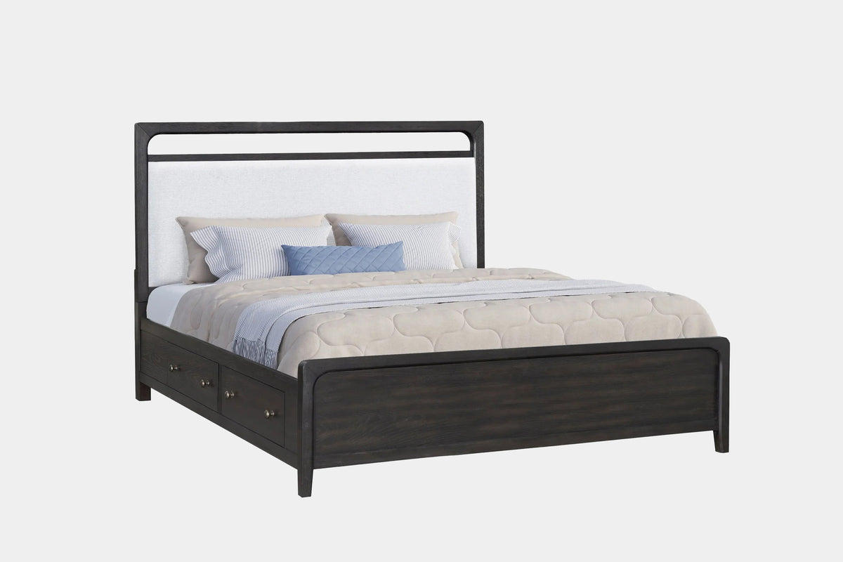 EASTON118:Easton Upholstered Bed With Storage & Dresser & Mirror & Nightstand, Angled