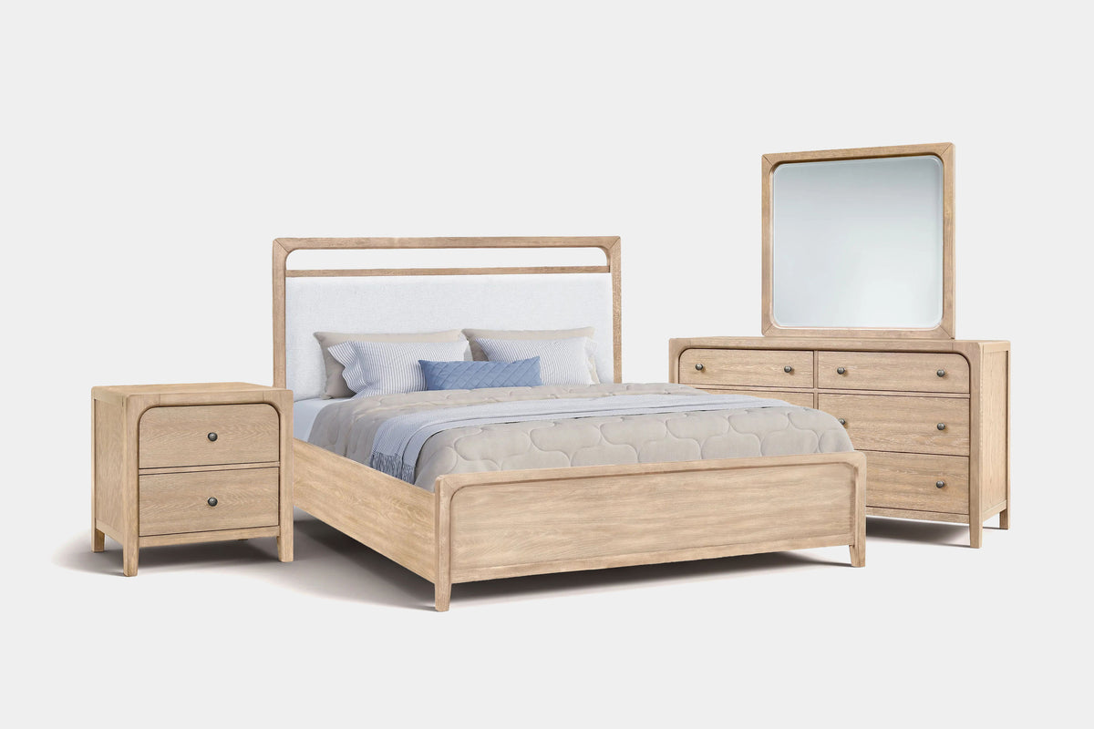 EASTON133:Easton Upholstered Bed & Dresser & Mirror & Nightstand, Angled