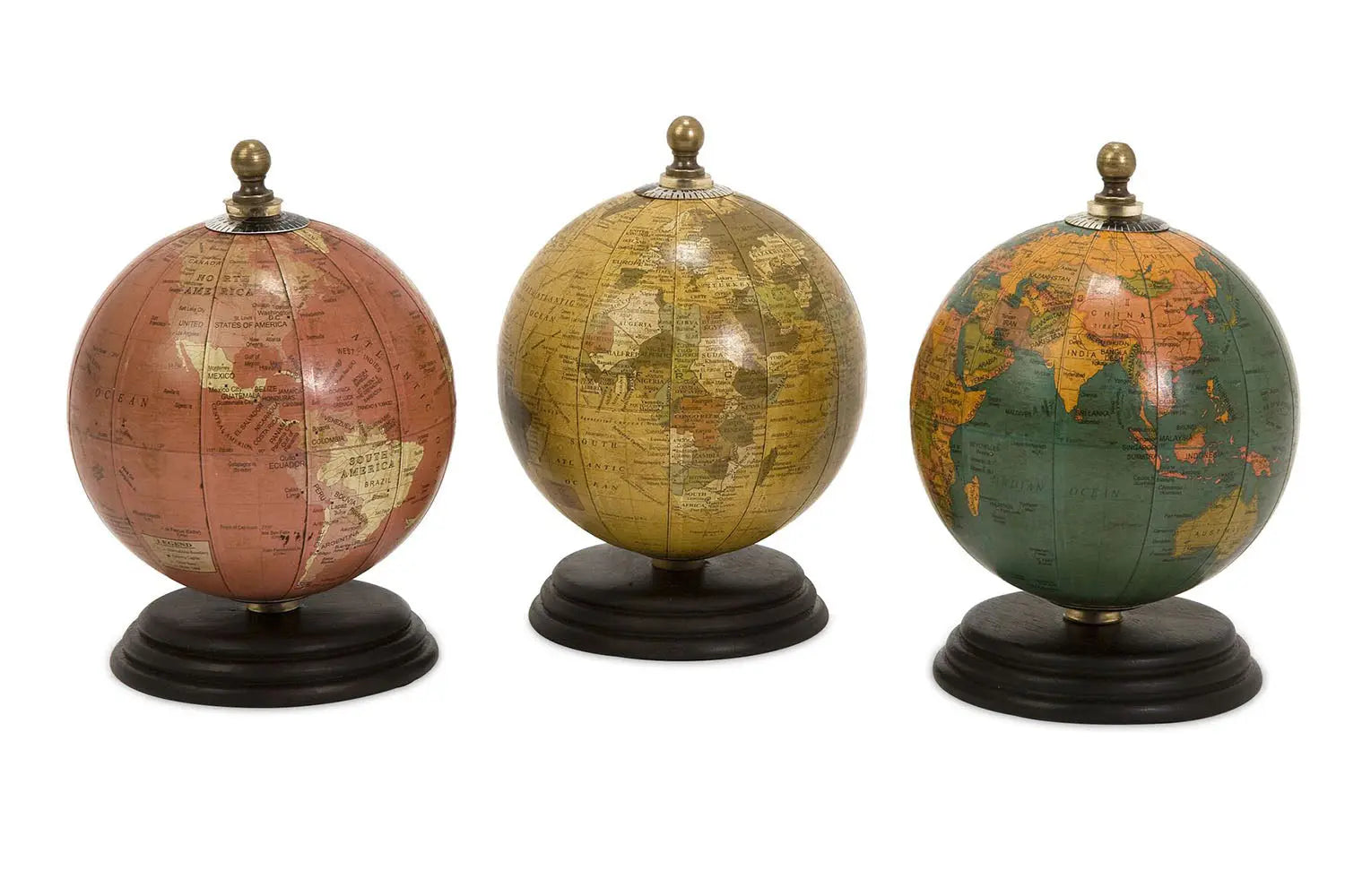 688664443:Antique Finish Mini Globes on Wood Base, Set of 3, Image 1