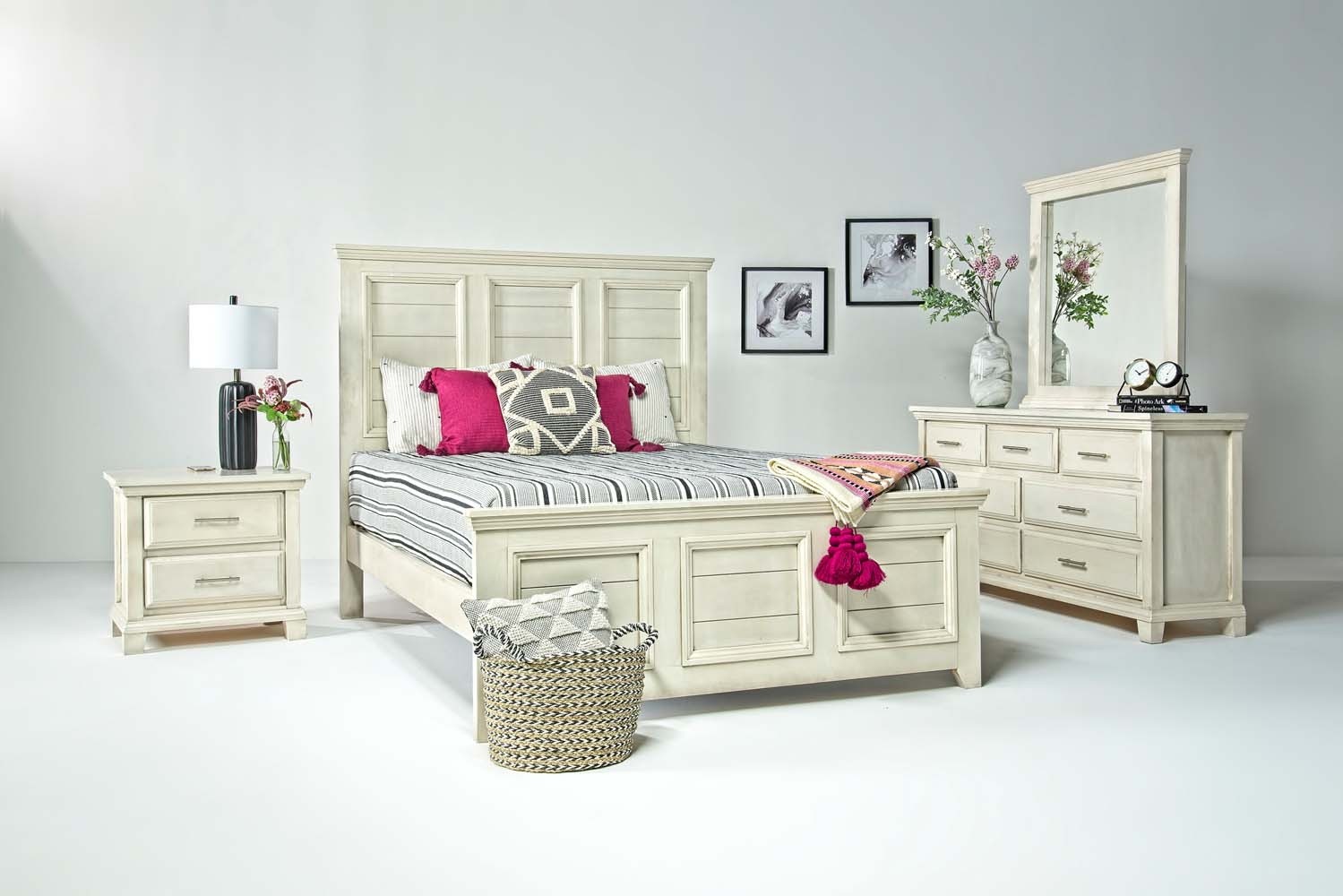 Bella Panel Bed, Dresser, Mirror & 2 Drawer Nightstand in White, Queen